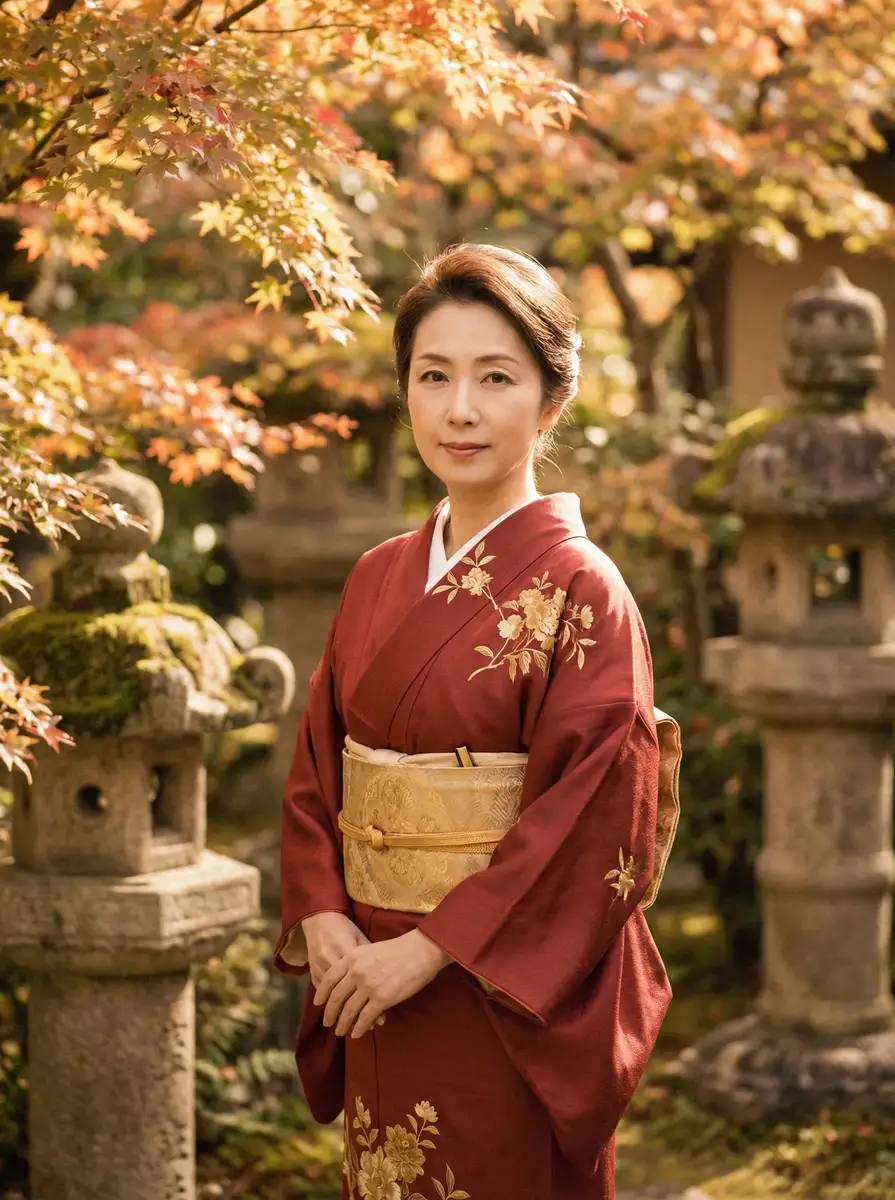 一位身穿暗红色和服的优雅 四虎tv-四虎tv最新资源|免费视频每日推荐观看 在日式庭院中